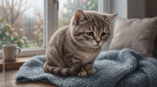 Cute tabby cat sitting on blanket.
