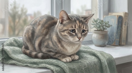 Gray tabby cat on green blanket.