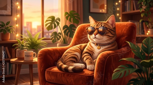 Relaxed cat in cozy living room.