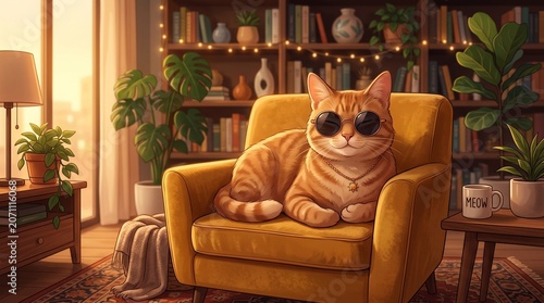 Relaxed cat wearing sunglasses sitting indoors.