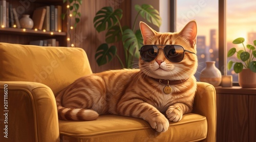 Relaxed cat wearing sunglasses on sofa.
