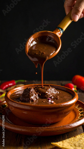 Authentic mole poblano presentation featuring dark sauce and rustic pottery