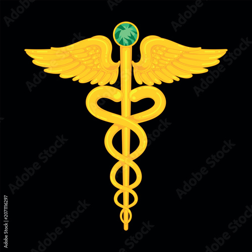 Golden caduceus medical vector symbol in flat comic style with wings, snakes, and green gemstone for professional health care pharmacy concept isolated on black background.