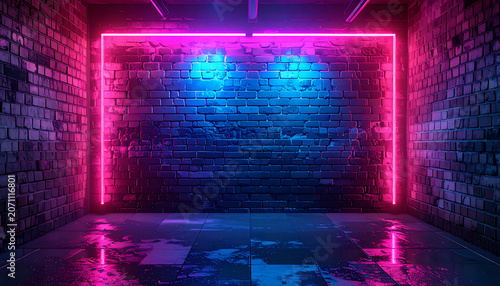 Neon pink rectangle frame glowing in dark urban room with brick walls and reflective floor, futuristic ambiance