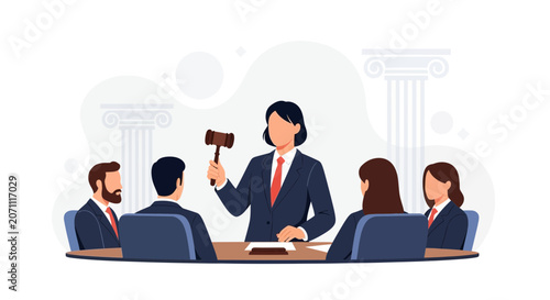 Lawyer or judge presiding over a legal case with jury or panel in a courtroom setting, vector illustration.