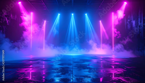 Neon stage lights with pink and blue beams illuminating smoke-filled atmosphere, wet reflective floor.