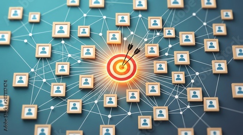 Conceptual 3D Illustration of a Social Network Grid with a Bullseye Target for Audience Targeting and Marketing Strategy