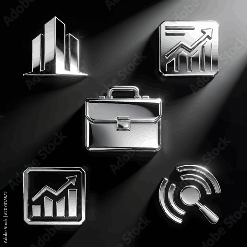 Shiny Metallic Business Icons on Dark Background Representing Finance and Success.
