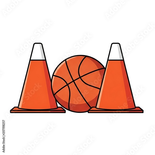 Orange basketball between two traffic cones illustration with basketball equipment training exercise illustration isolated background activity coaching practice competitive