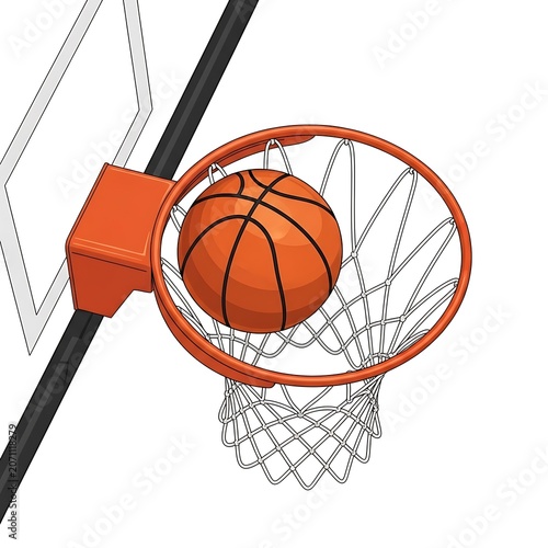 Basketball ball passing through the hoop net illustration with basketball competition backboard training exercise tournament championship professional activity movement isolated