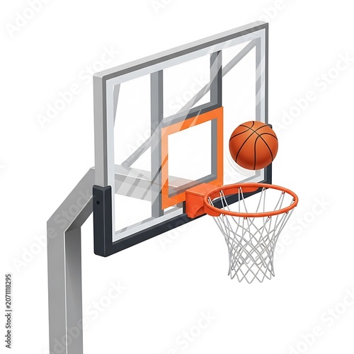 Basketball flying towards hoop with clear plexiglass backboard and white net isolated on white background basketball backboard competition equipment activity exercise training