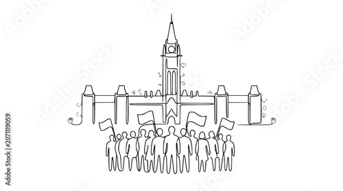 Foto Continuous line drawing of crowd protesting in front of parliament building with