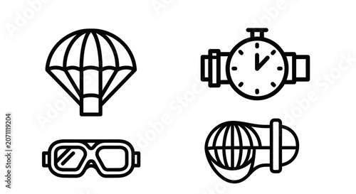 Photos Skydiving parachute and extreme sports gear line icons.