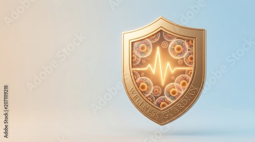 Medical Health Protection Shield with Heartbeat Icon and Microscopic Cells Concept