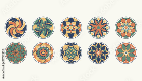 Collection of ten unique circular geometric designs with intricate patterns and earth-tone colors for artistic projects.
