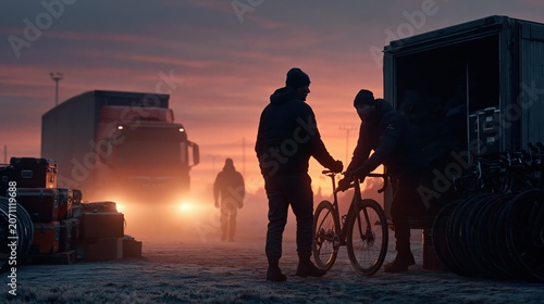 Support Crew Loading Spare Wheels at Dawn