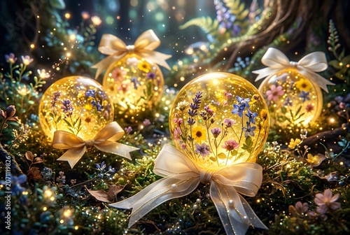 Glowing Floral Glass Orbs in Enchanted Forest with Lavender and Daisy Blossoms