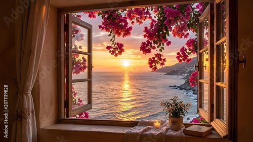 Cozy Seaside Sunset Window View with Bougainvillea Flowers and Coastal Serenity
