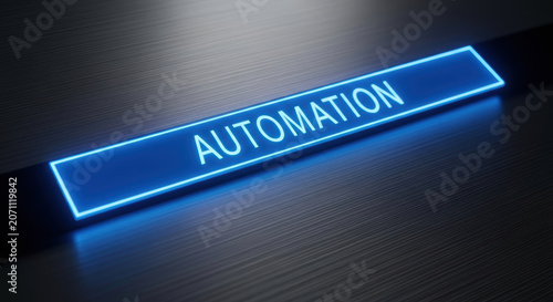 Automation technology future work concept with glowing blue neon light on dark surface