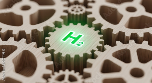 Green hydrogen production concept with glowing gear symbolizing clean energy innovation and sustainable technology in wooden mechanical system