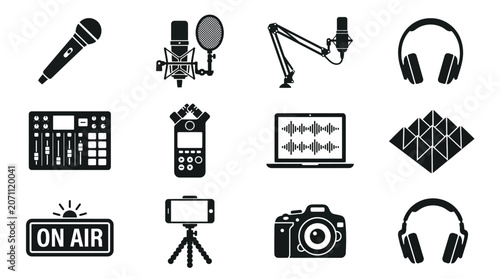 Slika na platnu Podcasting and Media Production Icon Set Vector Collection