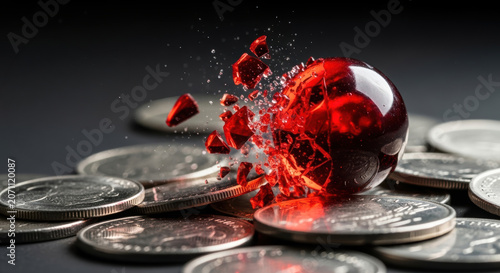 Urgent financial risk trouble concept with shattered red glass ball on silver coin stack symbolizing economic crisis