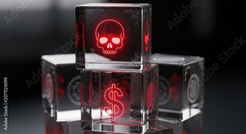 Urgent financial risk and trouble are symbolized by glowing red skull and dollar sign on transparent cubes creating dramatic and intense atmosphere