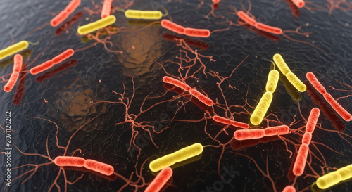 Bacteria with antimicrobial resistance shown in red and yellow colors on dark surface illustrating microbial resistance and infection risk