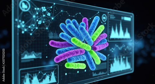 Antimicrobial resistance concept with colorful bacteria and digital data visualization showing scientific analysis and research in healthcare