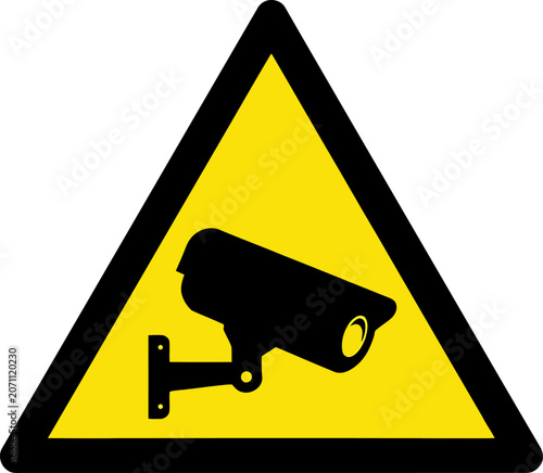 Warning Sign With Security Camera Icon On White Background 
