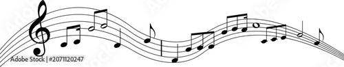Wavy musical staff with notes and treble clef on white background vector illustration