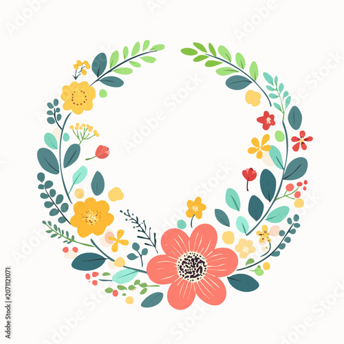 Floral Wreath with Colorful Flowers and Leaves