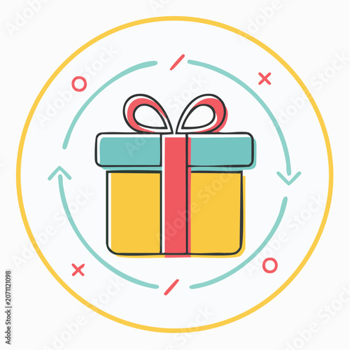 Gift box icon with circular arrows and symbols