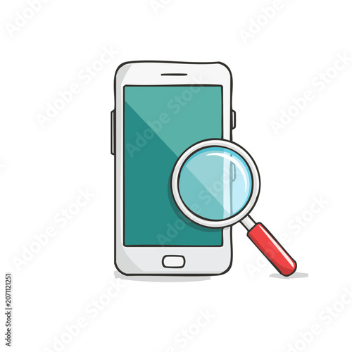 Smartphone with Magnifying Glass Flat Vector Illustration