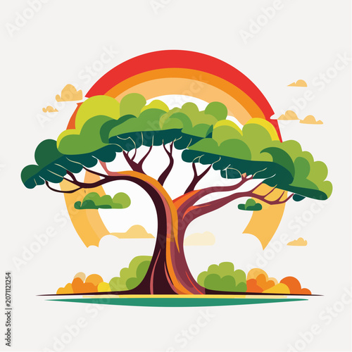 Stylized Tree with Rainbow and Clouds