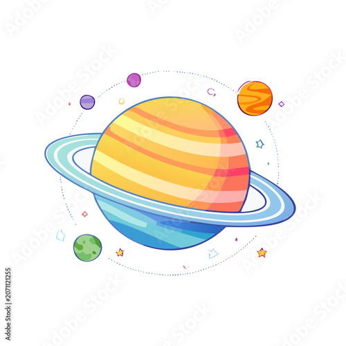 Stylized planet with rings and moons in space