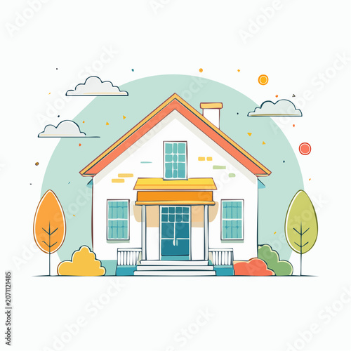 Stylized Illustration of a Cozy House with Trees and Clouds