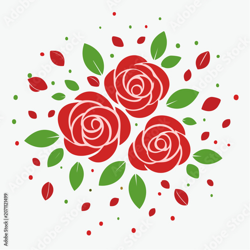 Stylized Red Roses with Green Leaves and Petals