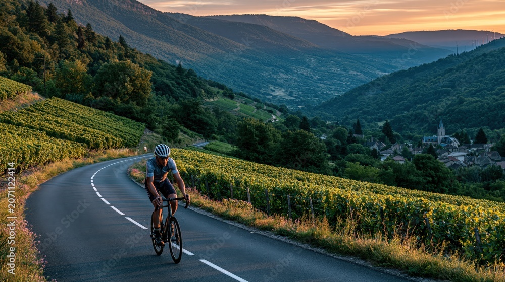 Fototapeta premium Solo Cyclist Training Through French Vineyards
