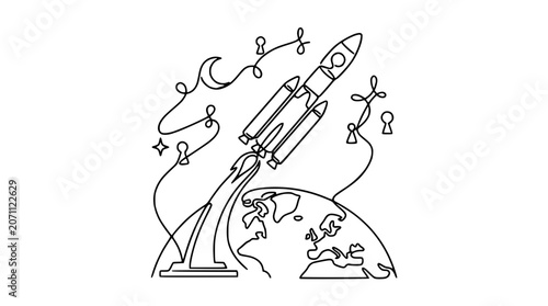 Rocket Launching From Earth Into Space, One Line Drawing, Space Exploration