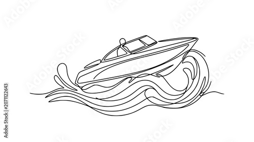 Quadro su tela Continuous line drawing of a sleek speedboat moving through choppy waves