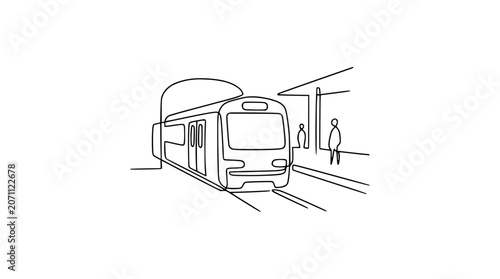 Continuous line drawing of a modern train at a station platform with waiting passengers.