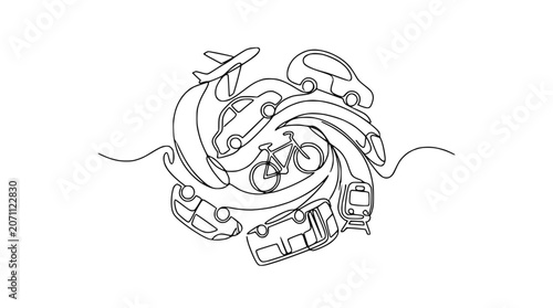 Quadro su tela Continuous line drawing of diverse transportation modes swirling in a dynamic composition