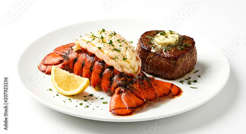 Succulent lobster tail and filet mignon steak on a white plate with lemon and herbs.