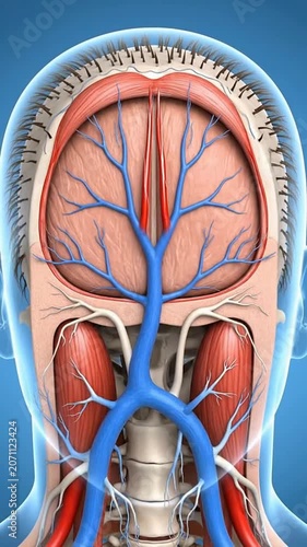 Realistic Anatomical Illustration of Human Scalp Displaying Blood Vessels and Muscle Structure with Blue Background for Medical and Educational Use