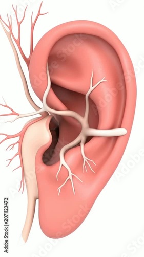 Realistic Anatomical Model of the Human Ear Showcasing the Vestibular System and Vascular Structures for Medical and Educational Use