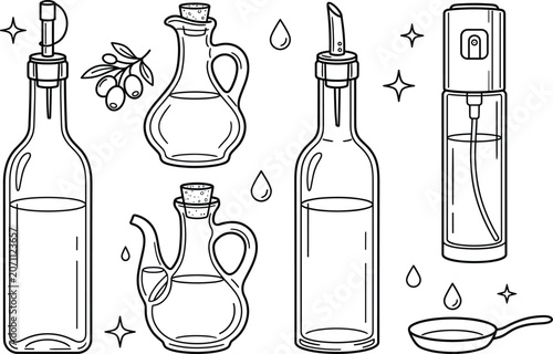 Olive oil glass bottle icons set with dispenser sprayer pourer pitcher and branch vector line illustration