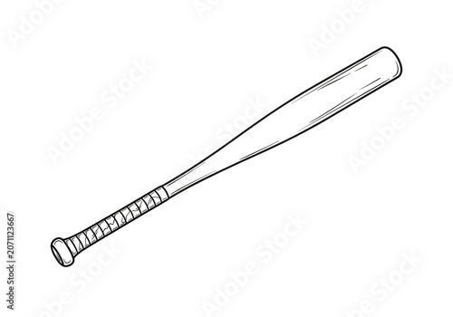 A baseball bat is drawn in black outline on a white background. The bat has a wooden handle wrapped with a dark grip and a smooth, cylindrical barrel.