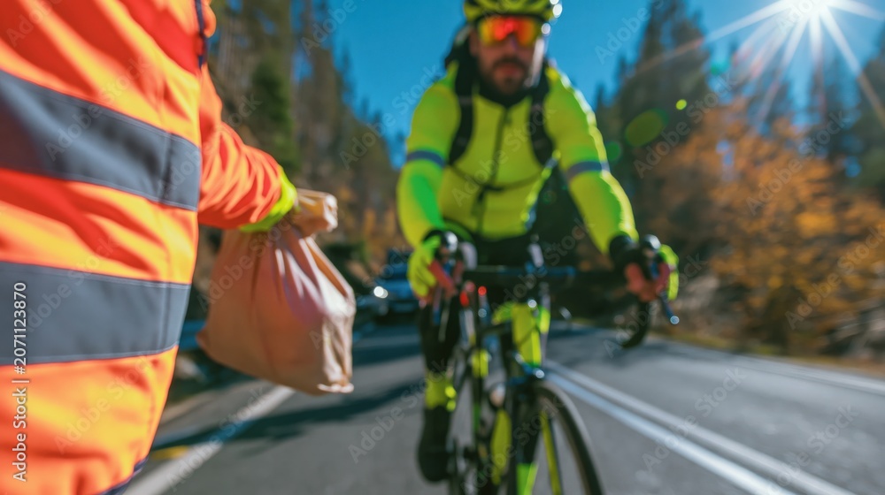 Fototapeta premium Cyclist Receiving Feed Bag on Rural Road