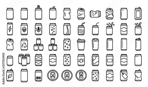Fotografie Beverage and Drink Can Line Icons Mega Set – Soda, Beer, Energy Drink, Jar, Bott